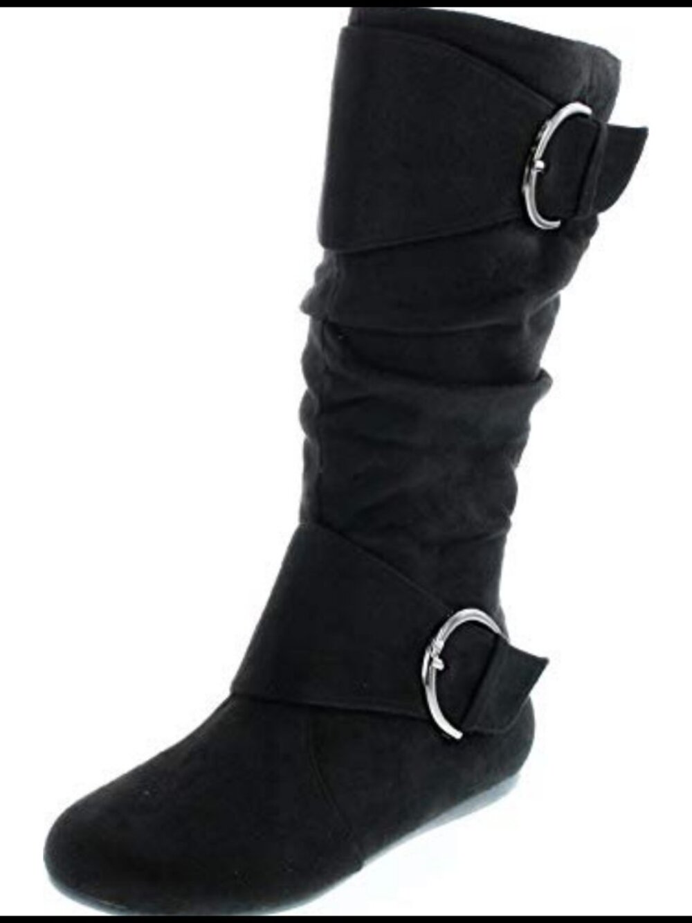 Faux Leather Mid-Calf Boots Closed Round Toe Buckle Slouch Flat Heel
